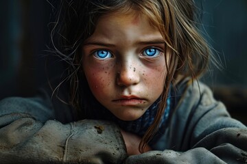 Portrait of poor, hungry neglected, dirty girl with blue eyes. Poverty, misery, migrants, homeless people, war, Generative AI - obrazy, fototapety, plakaty