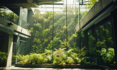 Modern gardening landscaping design details. Urban eco friendly vertical garden indoors. Green living wall with perennial plants. Modern open plan area, Generative AI