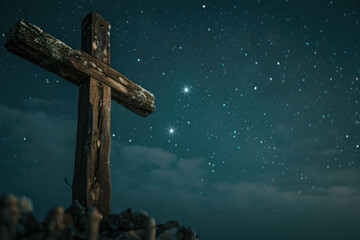 Wooden Cross Under Starry Night Sky - Symbol of Faith and Hope, Banner with Copy Space