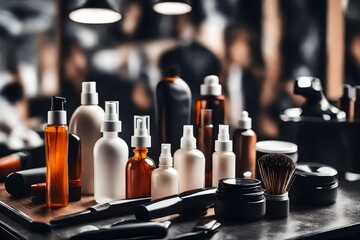 Fototapeta na wymiar Different cosmetics bottles in barbershop