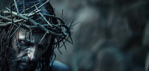 Portrayal of a Sorrowful Figure with Crown of Thorns with Striking Visual Aesthetics, Concept of Easter and Resurrection, Cleansing From Sins, Banner with Copy Space