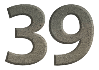 The shape of the number 39 is made of cement isolated on transparent background. Suitable for birthday, anniversary and Memorial Day templates