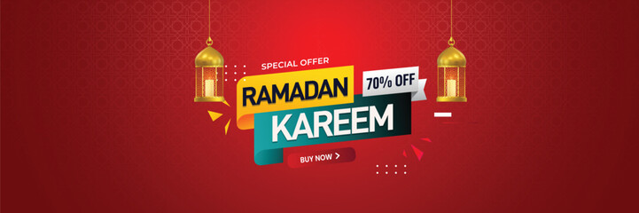 Naklejka na ściany i meble Ramadan kareem sales banner design template. Ramadan discount offer template design. Eid festival discount banner, poster, greetings card etc.