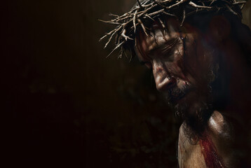 Solemn Portrayal of a Man with Crown of Thorns in Dim Light, Concept of Easter and Resurrection, Cleansing From Sins, Banner with Copy Space