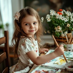 A little girl is painting at the table surrounded by flowers. Fictional Character Created By...