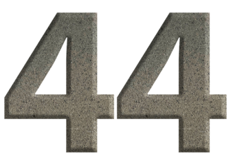 The shape of the number 44 is made of cement isolated on transparent background. Suitable for birthday, anniversary and Memorial Day templates