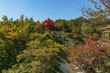 Pillar Temple Kakezukuri no Mido in Japanese garden. Public  landscape park of Krasnodar or Galitsky park, Russia.