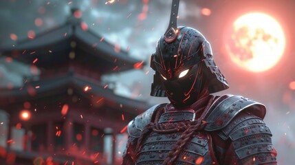 Machine learning driven samurai in a fantasy anime set against the backdrop of the Roman Empire during a lunar eclipse jazz fusion soundtrack 3D render - obrazy, fototapety, plakaty