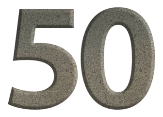 The shape of the number 50 is made of cement isolated on transparent background. Suitable for birthday, anniversary and Memorial Day templates