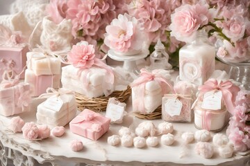 Spring and summer party decor ideas with unique wedding favors, artisan soaps in white and pink colors, and original souvenirs for baptism, baby girl's first communion, and romantic style decoration