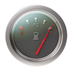 Fuel gauge with metallic frame. Full indication. 3d illustration isolated on white background.