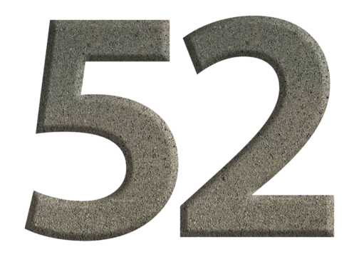 The shape of the number 52 is made of cement isolated on transparent background. Suitable for birthday, anniversary and Memorial Day templates