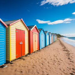 Obraz na płótnie Canvas A row of colorful beach huts against a blue sky.