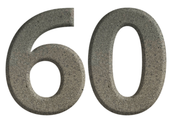 The shape of the number 60 is made of cement isolated on transparent background. Suitable for birthday, anniversary and Memorial Day templates