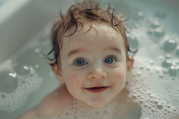Close up portrait of cute baby smiling enjoying a bubbly bath