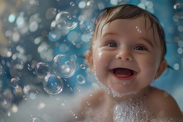 Close up portrait of cute baby smiling enjoying a bubbly bath