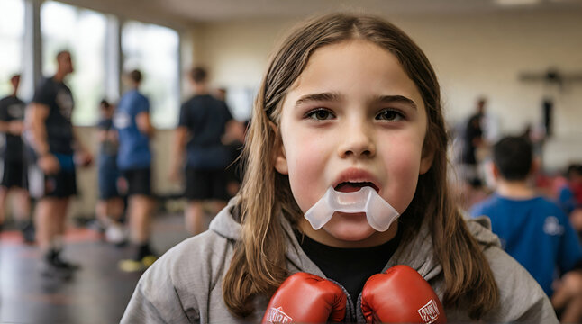 A young girl putting on a mouth guard before boxing training .Generative AI
