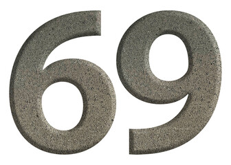 The shape of the number 69 is made of cement isolated on transparent background. Suitable for birthday, anniversary and Memorial Day templates