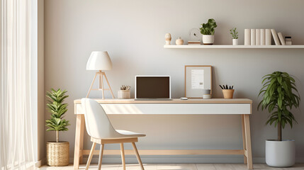 Fototapeta na wymiar Sleek, minimalist home office with white desk, wood accents, floating shelves, green plants, abundant light, and a warm, functional, stylish decor.