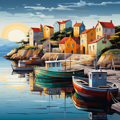 Fototapeta na wymiar A tranquil coastal village with colorful fishing boats