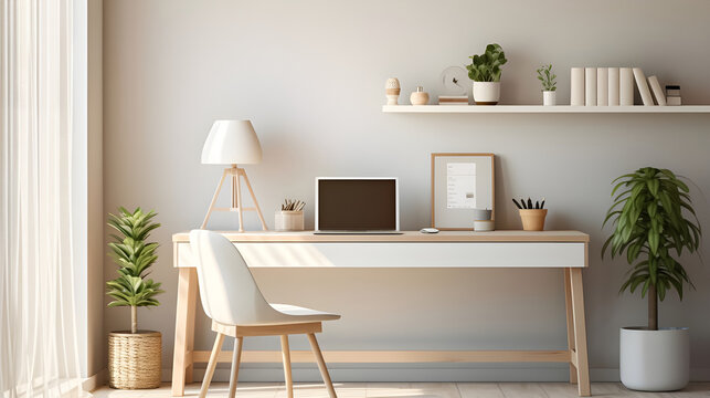 Sleek, minimalist home office with white desk, wood accents, floating shelves, green plants, abundant light, and a warm, functional, stylish decor.