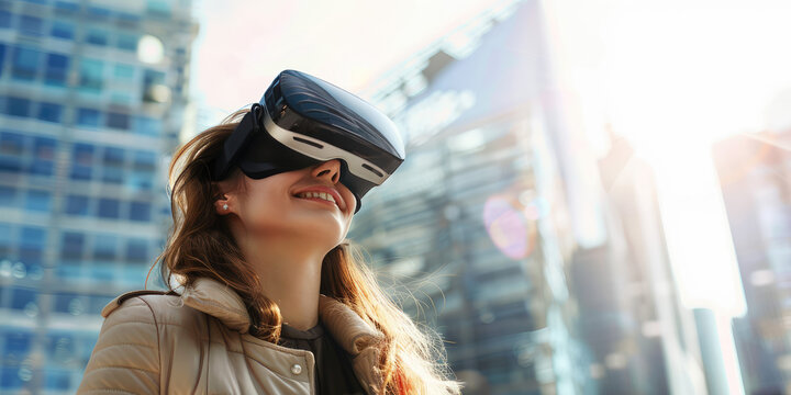 Young Woman wearing VR headset Technology in Urban city street. Virtual reality glasses gadget, copy space.