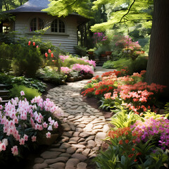 A tranquil garden with a winding stone path and blooming flowers.