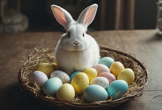 conejo de pascua rodeado con sus huevos