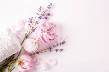 Bunch of lavender flowers and pink rose, banner, spa, beauty mothers day concept