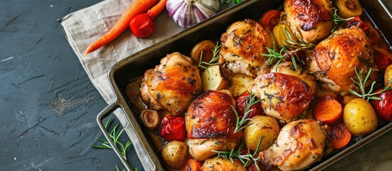 Chicken and veggies baked together in an oven dish. - obrazy, fototapety, plakaty
