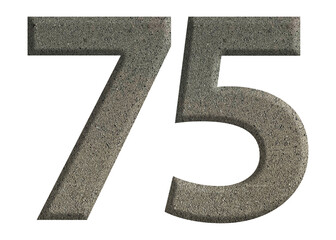 The shape of the number 75 is made of cement isolated on transparent background. Suitable for birthday, anniversary and Memorial Day templates