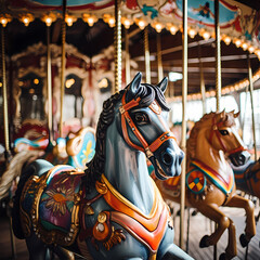 Fototapeta na wymiar A vintage carousel with brightly painted horses.