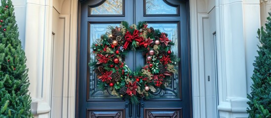 Colorful Christmas wreath on elegant double door of stucco house.