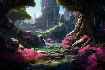Fototapeta premium painting illustration forest spring waterfall nature green fantasy 2d render loop