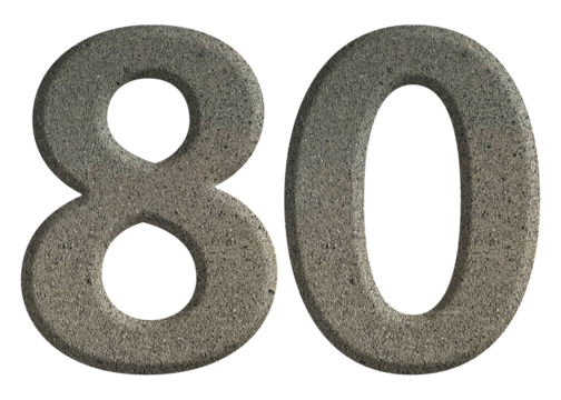The shape of the number 80 is made of cement isolated on transparent background. Suitable for birthday, anniversary and Memorial Day templates