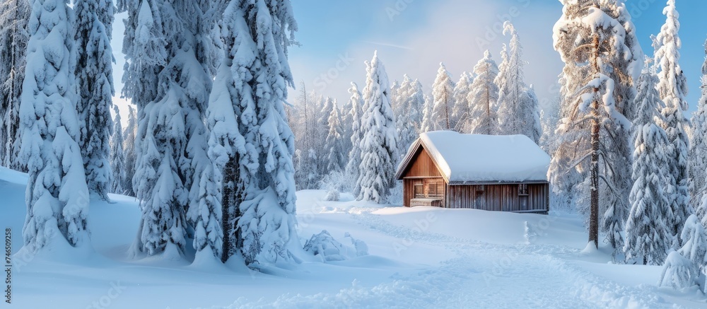 Poster Winter scenery with wooden cabin and snowy trees in Finnish Lapland woods.