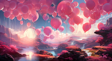 love themes of pinkish background and pinkish balloons are falling and rising in sky - obrazy, fototapety, plakaty