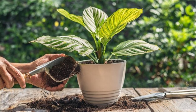 stock photos feature a dieffenbachia plant being repotted highlighting the concept of botanical upgrade