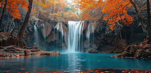 Waterfall in autumn, beautiful landscape. Created with Ai