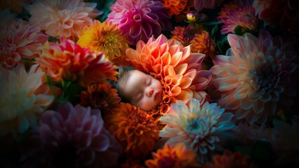 Naklejka na ściany i meble Baby Gesicht im Blumenmeer Nahaufnahme Poster, ai generativ