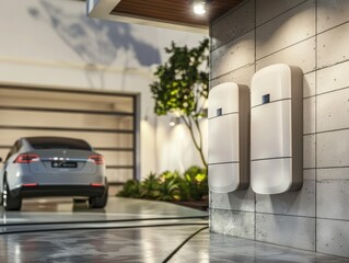 battery packs alternative electric energy storage system at home garage wall 