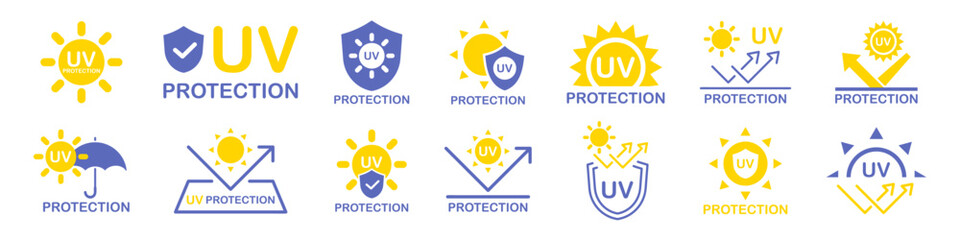 UV protection icon set. UV radiation icon. Ultraviolet symbol. Sun uv protection icons. Vector pictogram of sunscreen spf. Skincare illustration, sign for cosmetics packaging