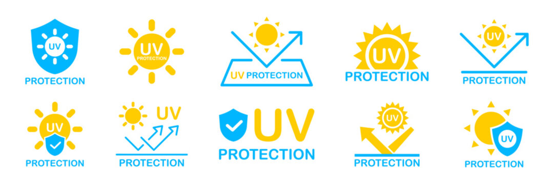 UV protection icon set. UV radiation icon. Ultraviolet symbol. Sun uv protection icons. Vector pictogram of sunscreen spf. Skincare illustration, sign for cosmetics packaging