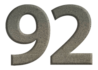 The shape of the number 92 is made of cement isolated on transparent background. Suitable for birthday, anniversary and Memorial Day templates
