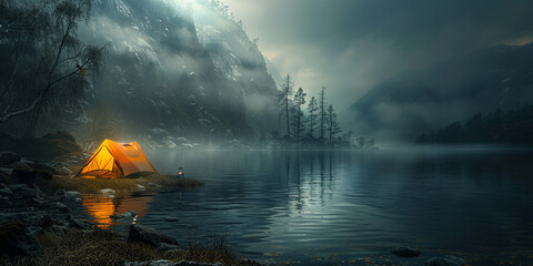 Camping rain hiking in nature in bad weather .Camping night .
 - obrazy, fototapety, plakaty
