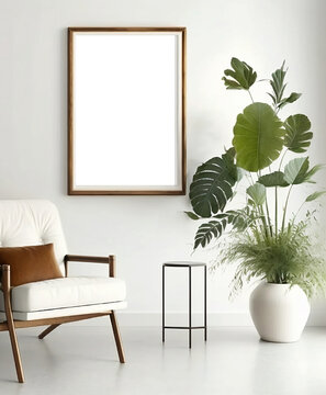 White living room design. View of modern scandinavian style interior with artwork mock up on wall	