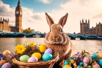 A cute rabbit is sitting next to a basket with colorful eggs. Easter in different cities of the world. london. - obrazy, fototapety, plakaty