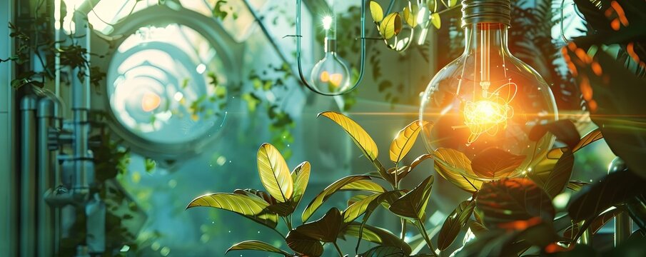 Picture of an incandescent light bulb and a tree in realistic style.
