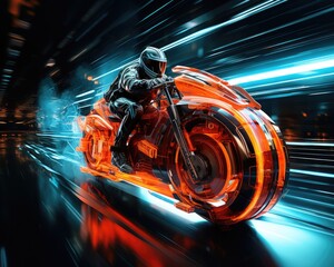 High speed chase through a neon lit megastructure anti gravity bikes weaving - obrazy, fototapety, plakaty