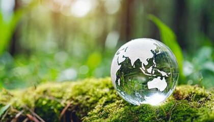 Obraz na płótnie Canvas crystal globe placed on moss esg icon for environment society and governance sustainable global environment concept